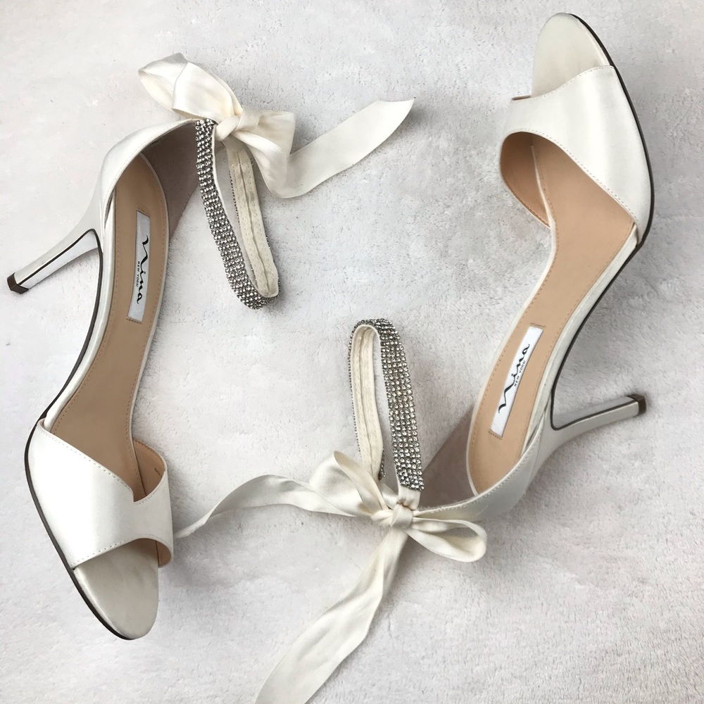 Nina ivory satin ribbon jeweled wrap around sandal